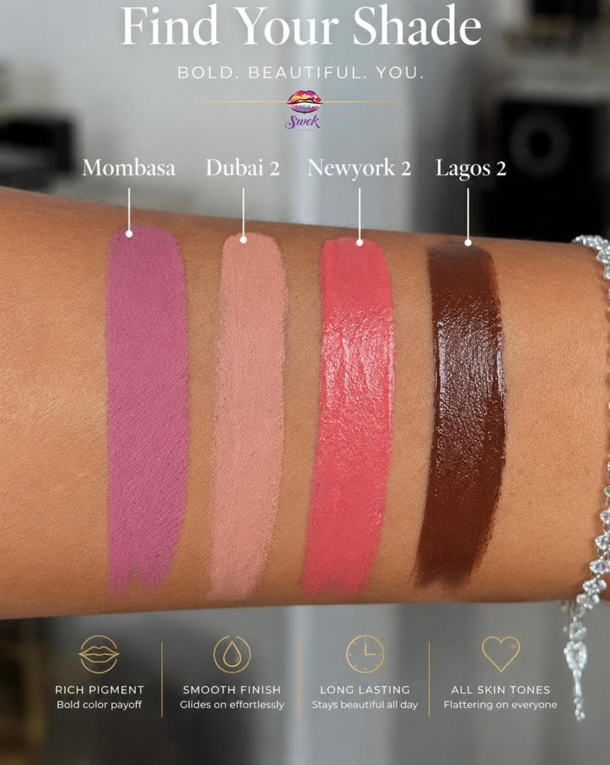 SWEK matte lippies shade guide for Mombasa, Dubai 2, Newyork 2, and Lagos 2